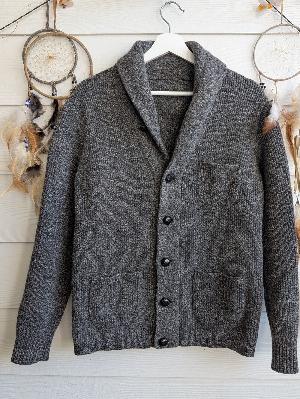 J Crew Sweater Men Gray Lambswool Shawl Collar Cardigan Chunky Knit